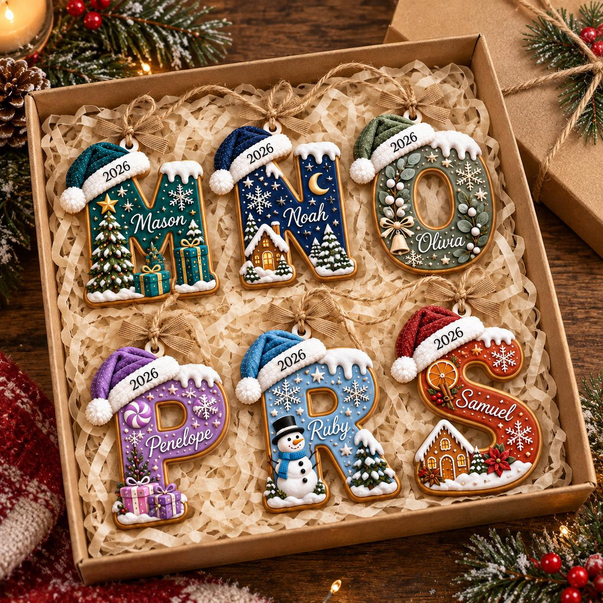 May include: Six decorative Christmas letter ornaments in a box, each featuring a colored Santa hat, the year 2026, and a unique name: Mason, Noah, Olivia, Penelope, Ruby, and Samuel. Each letter displays festive winter scenes and holiday motifs.