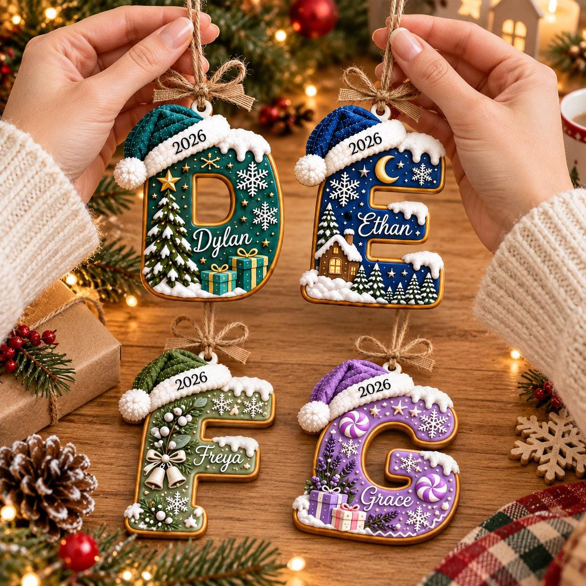May include: Four letter-shaped Christmas ornaments labeled D, E, F, and G. Each features a colored Santa hat, the year 2026, and a personalized name: Dylan, Ethan, Freya, or Grace. They are decorated with winter motifs like trees, snow, and gifts.
