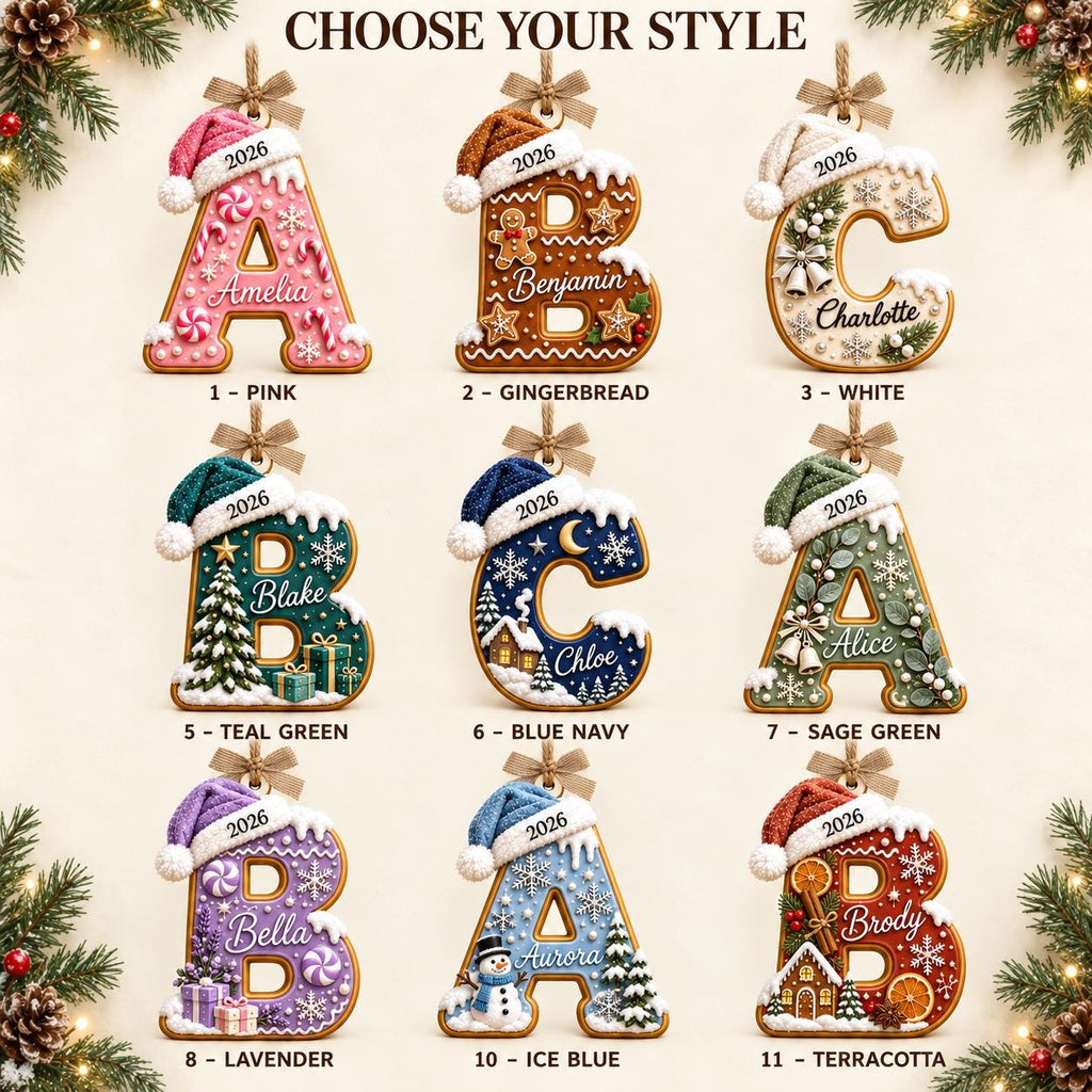 May include: A collection of nine personalized Christmas letter ornaments, each featuring a festive hat, the year 2026, and a custom name. The letters are decorated with holiday themes including gingerbread, snowflakes, trees, and gifts in various colors.