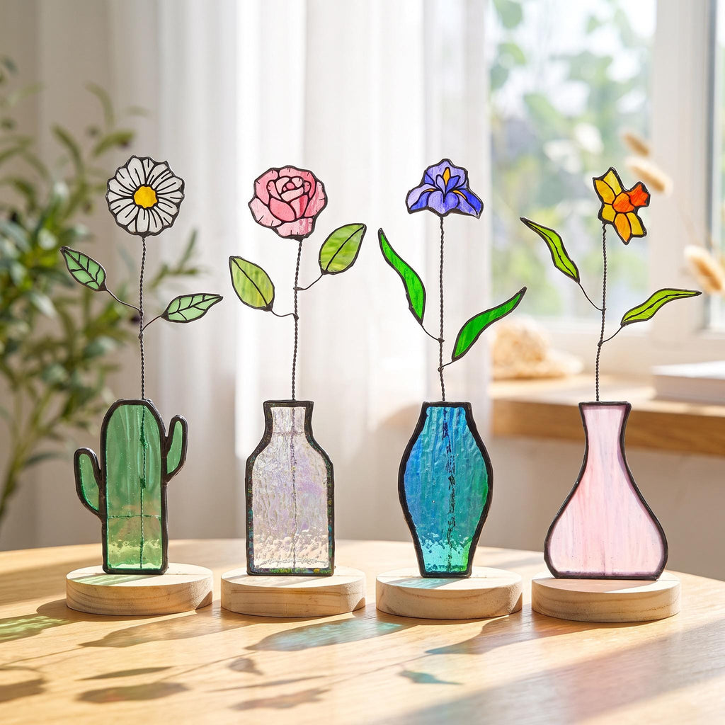 May include: Four stained glass flower sculptures on wooden bases. The first is a white daisy in a green cactus vase. The second is a pink rose in a clear textured vase. The third is a purple iris in a blue vase. The fourth is an orange daffodil in a pink vase.