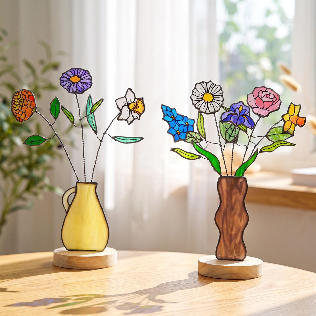 May include: Two stained glass flower arrangements on wooden bases. The left features an orange, purple, and white flower in a yellow pitcher. The right features a white, blue, purple, pink, and yellow flower bouquet in a brown wavy vase.