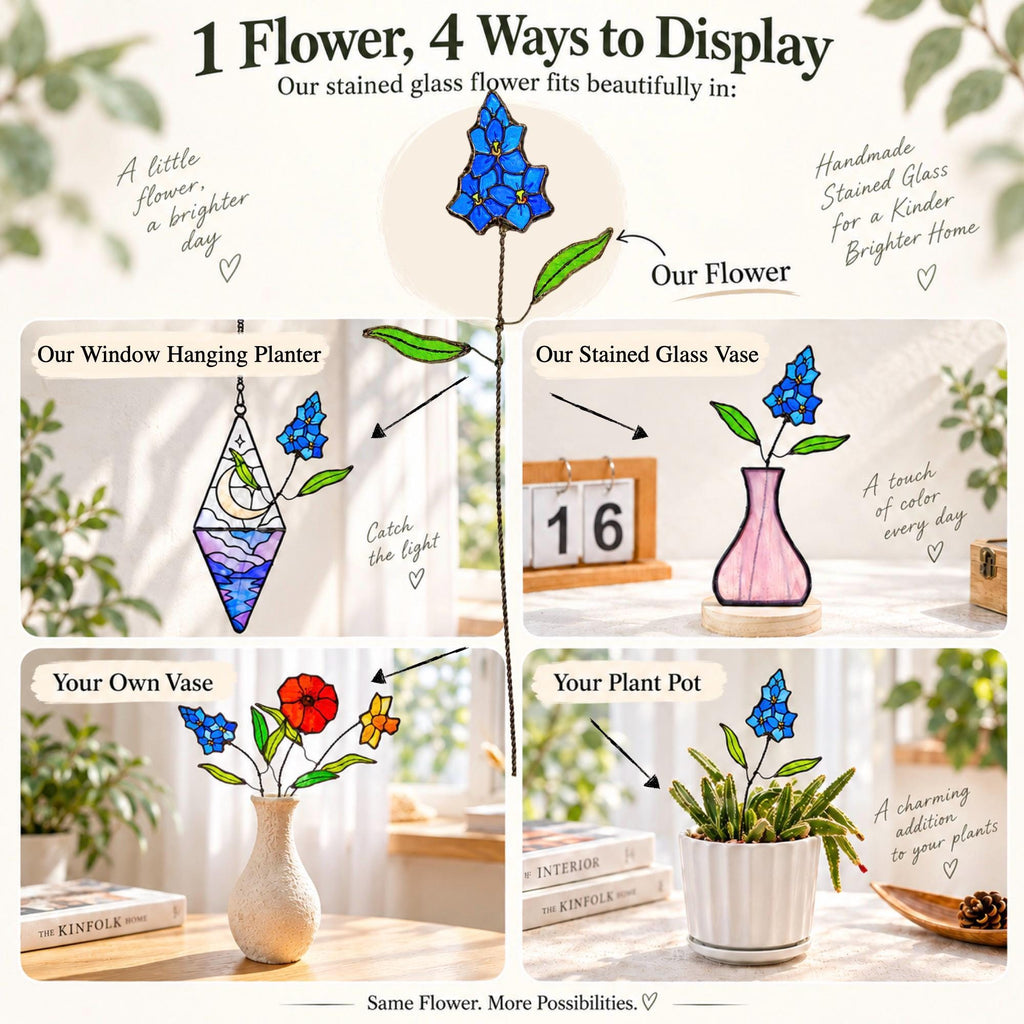 May include: A blue stained glass flower with green leaves on a thin metal stem. The image displays four ways to display the flower: in a geometric window hanging planter, a pink stained glass vase, a ceramic vase, and a white plant pot.