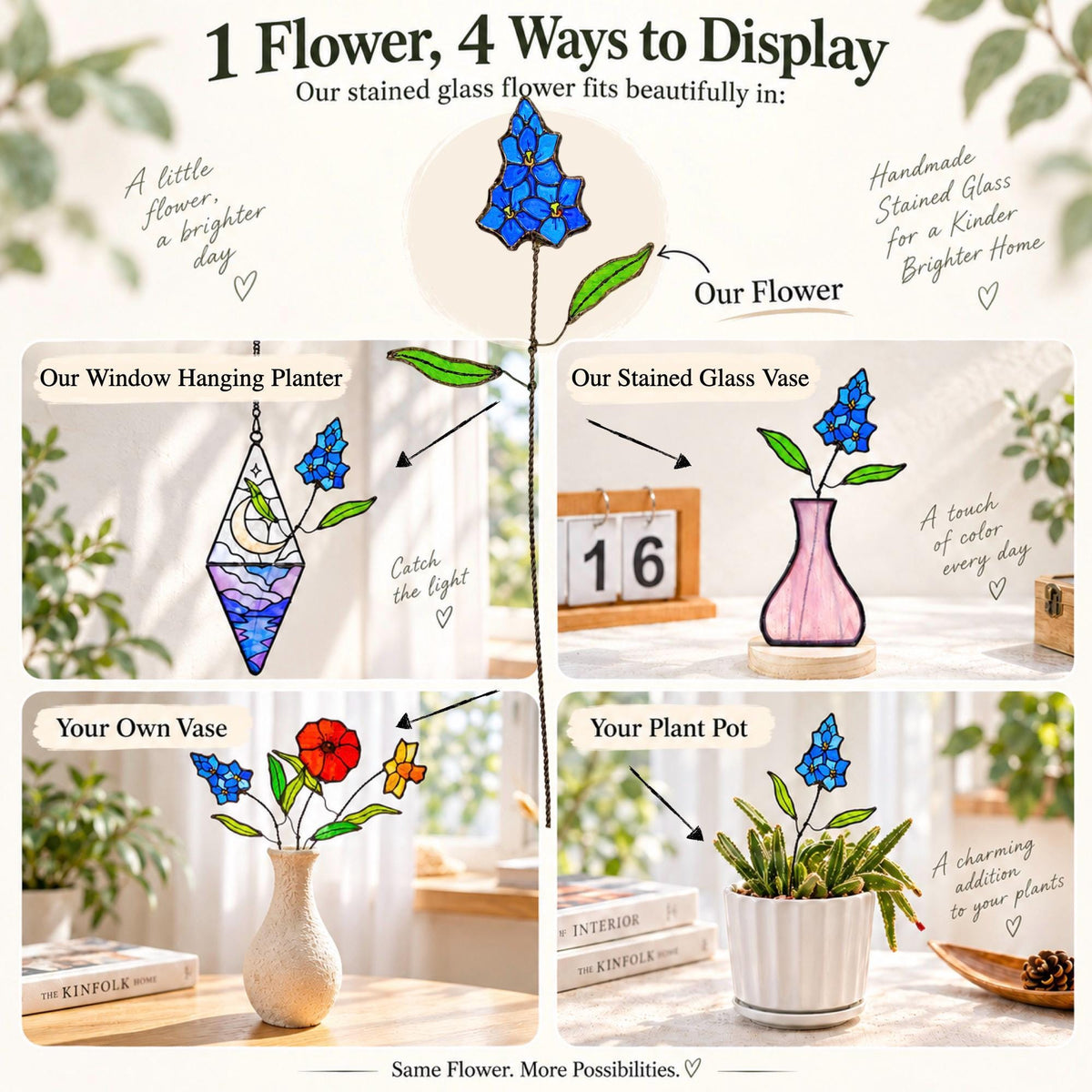 May include: A blue stained glass flower with green leaves on a thin metal stem. The image displays four ways to display the flower: in a geometric window hanging planter, a pink stained glass vase, a ceramic vase, and a white plant pot.