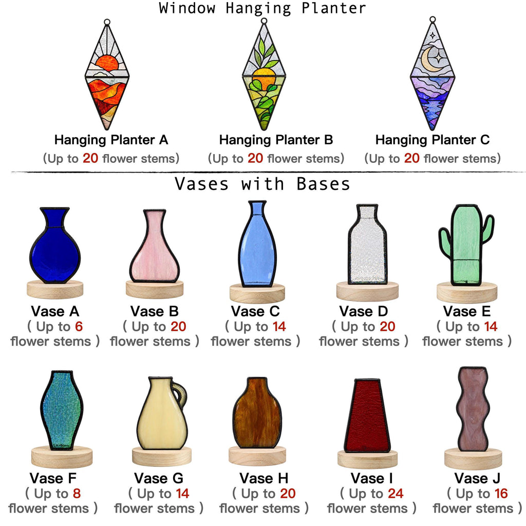 May include: A collection of three diamond-shaped stained glass window hanging planters and ten glass vases with wooden bases. The planters feature sun, fruit, and moon designs. The vases come in various shapes and colors, including blue, pink, and red.