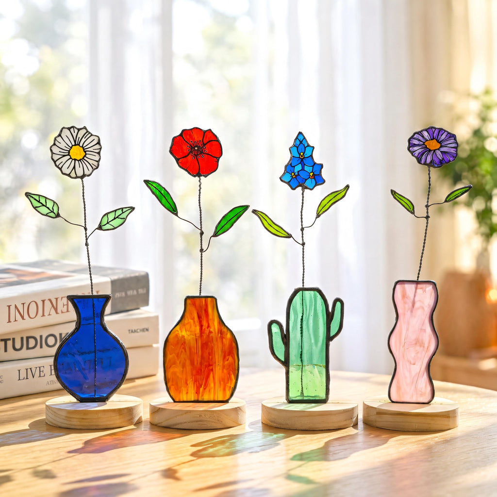 May include: Four stained glass flower sculptures on circular wooden bases. The set includes a white daisy in a blue vase, a red poppy in an orange vase, a blue flower in a green cactus-shaped vase, and a purple flower in a pink wavy vase.