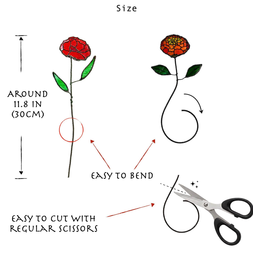 May include: Two stained glass flowers with red and orange petals and green leaves on thin stems. Text indicates a height of 11.8 inches, that the stems are easy to bend, and that they are easy to cut with regular scissors, shown by a pair of scissors.