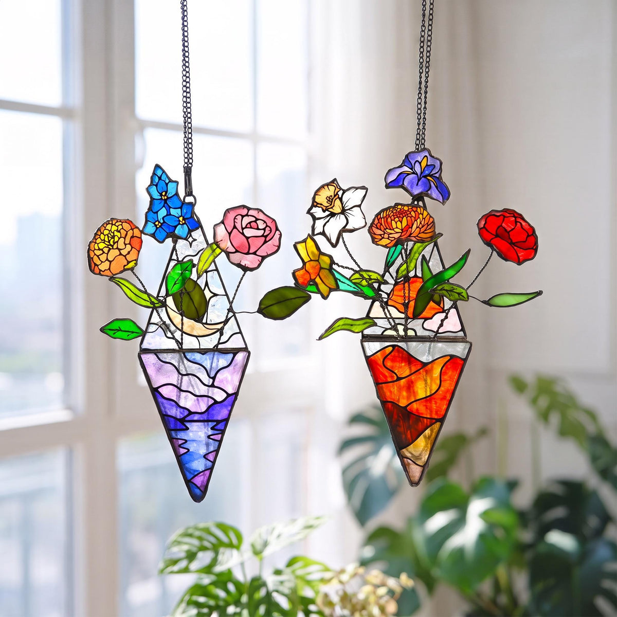 May include: Two hanging stained glass ornaments shaped like inverted triangles, each containing a bouquet of colorful glass flowers. One features a purple and blue landscape base, while the other has a warm orange and red mountain-like base.