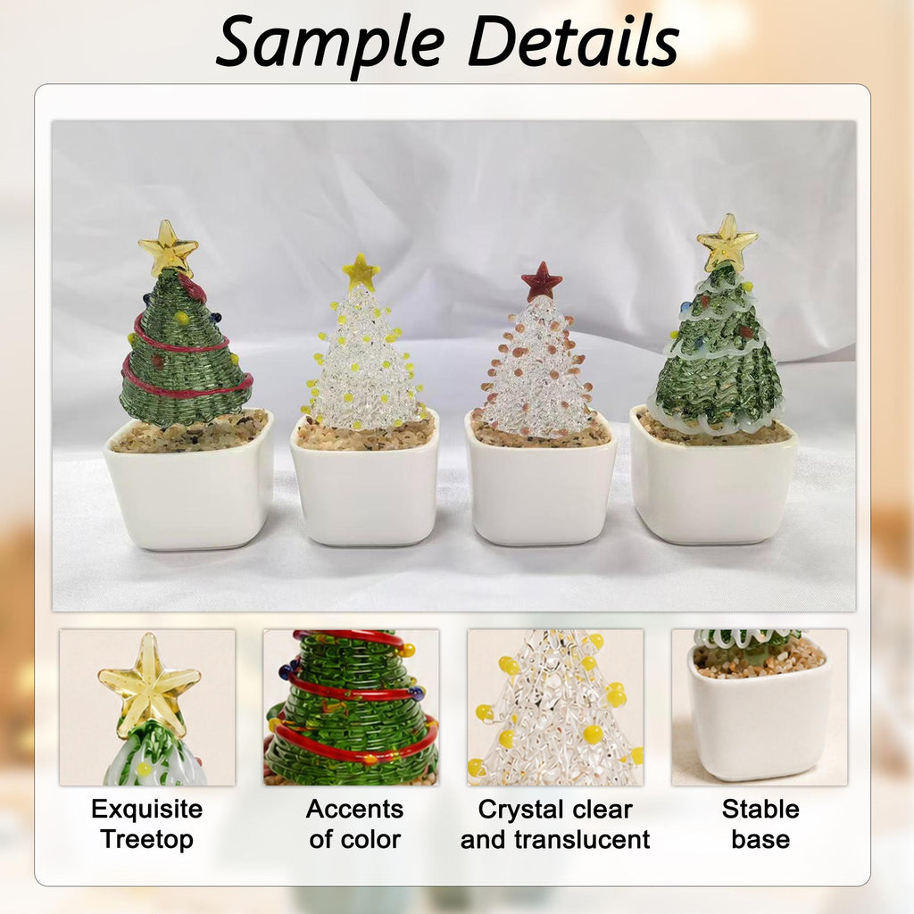 May include: Four miniature glass Christmas trees in white square pots. Two are green with colorful glass accents and gold stars, one is clear with yellow accents and a gold star, and one is clear with pink accents and a red star on top.