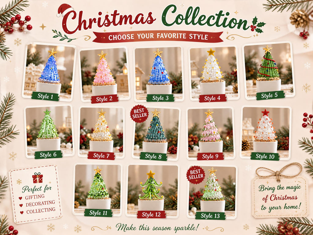 May include: A collection of thirteen miniature Christmas tree ornaments in various colors and styles, each featuring a star topper and a white base. The display includes text labels for each style, with the title Christmas Collection at the top.
