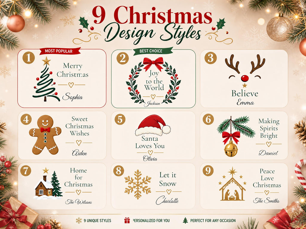 May include: A grid of 9 Christmas design styles featuring festive graphics and text. Designs include a tree, wreath, reindeer, gingerbread man, Santa hat, ornament, house, snowflake, and nativity scene, each with customizable name placeholders.