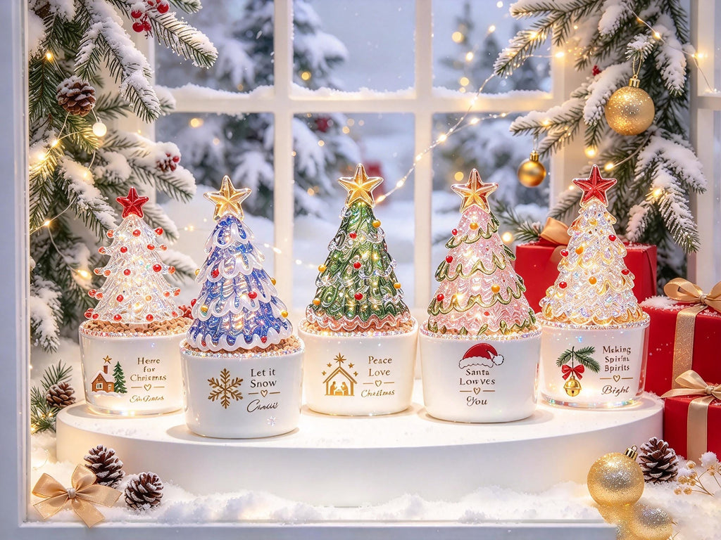 May include: Five decorative ceramic tabletop Christmas trees with illuminated glass-like tops and star toppers. Each white base features unique holiday text and graphics, including 'Here for Christmas', 'Let it Snow', 'Peace Love Christmas', 'Santas Loves You', and 'Making Spirits Bright'.