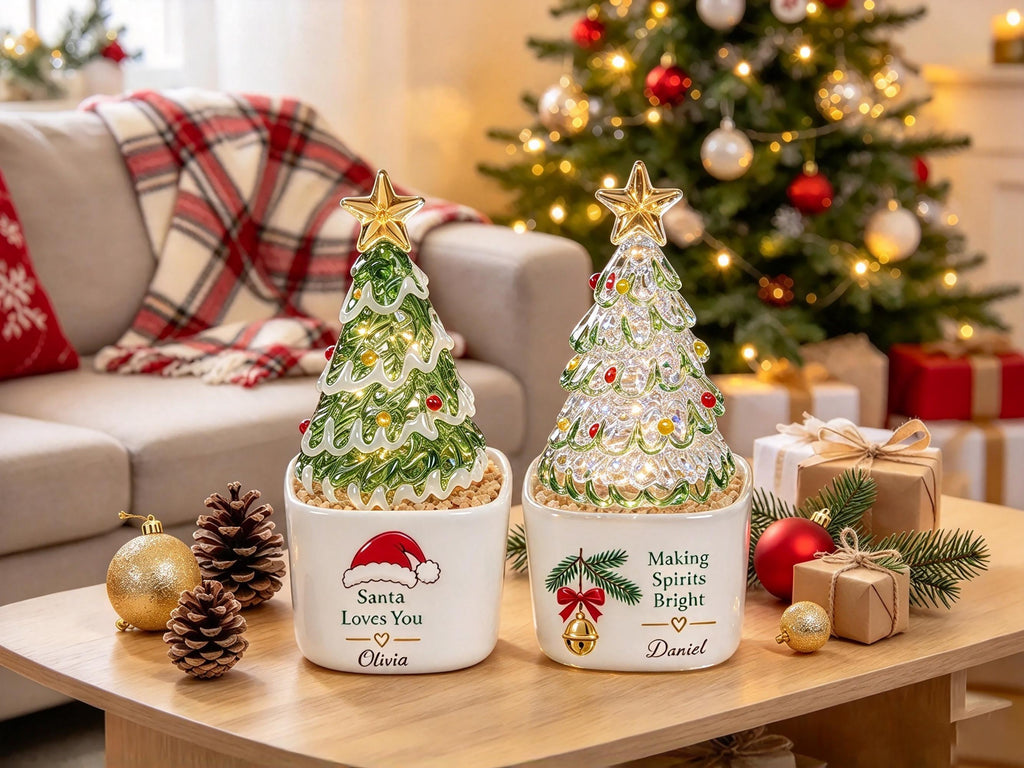 May include: Two ceramic planters containing glass Christmas trees with gold star toppers. The left planter features a Santa hat graphic and the text "Santa Loves You" with the name "Olivia". The right planter shows a bell graphic and "Making Spirits Bright" with the name "Daniel".