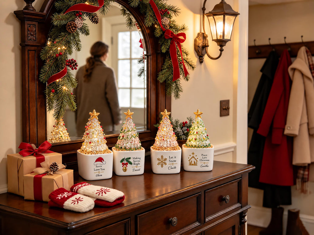 May include: Four illuminated tabletop Christmas trees in square white ceramic pots. Each tree features a gold star topper and colorful ornaments. The pots display festive text and graphics including Santa Love You, Making Spirits Bright, Let it Snow, and Peace Love Christmas.