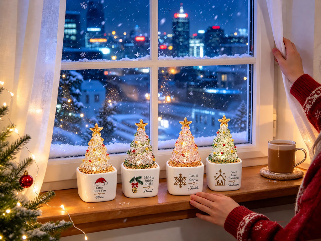 May include: Four small, conical, wire-mesh Christmas tree decorations with internal warm lights, each topped with a gold star and set in a white square ceramic planter. Each planter features unique holiday-themed text and graphic designs.