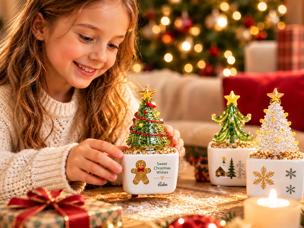 May include: Three small decorative Christmas trees in white ceramic square pots. One pot features a gingerbread man graphic with the text Sweet Christmas Wishes and the name Aiden. The trees are topped with gold stars and sit on gravel.
