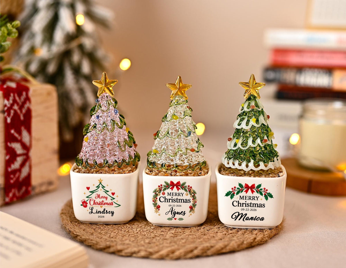 May include: Three small decorative Christmas trees in square white ceramic pots. Each tree is topped with a gold star and features colorful glass accents. The pots are personalized with the text Merry Christmas and names Lindsey, Agnes, and Monica.