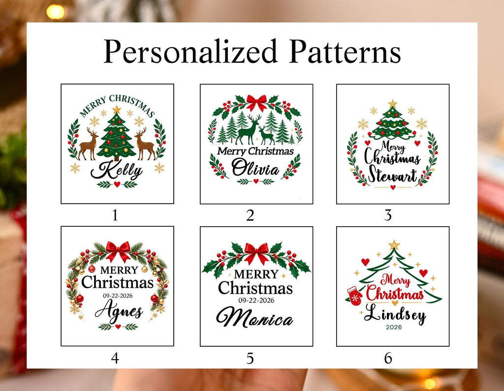 May include: A white rectangular sheet titled Personalized Patterns displaying six square designs featuring Christmas themes, including evergreen trees, reindeer, wreaths, red bows, and holly, with names like Kelly, Olivia, Stewart, Agnes, Monica, and Lindsey.
