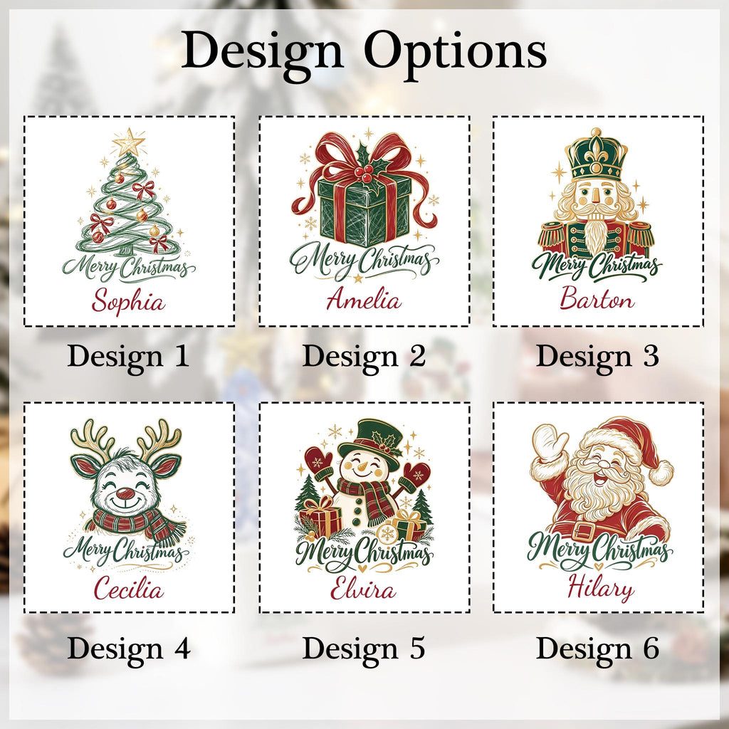 May include: A grid of six Christmas design options labeled Design 1 through 6. Each square features a holiday illustration including a tree, gift, nutcracker, reindeer, snowman, or Santa, with the text Merry Christmas and a name.