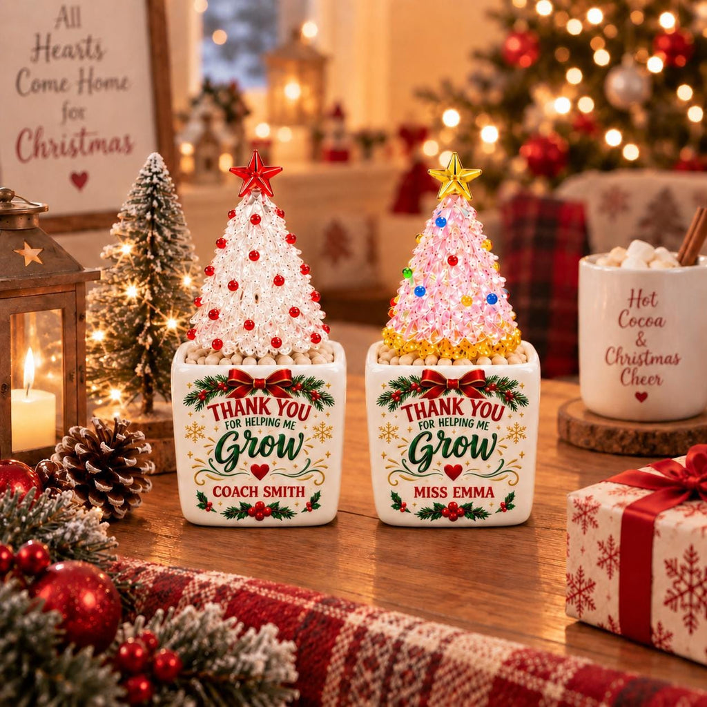 May include: Two square white ceramic planters featuring a red and green wreath design with the text Thank You For Helping Me Grow. One planter is personalized with Coach Smith and the other with Miss Emma, each topped with a beaded Christmas tree.