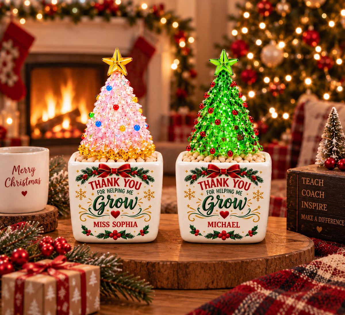 May include: Two square white ceramic planters, each holding a decorative Christmas tree. The left tree is pink with a gold star, the right is green with a green star. Both planters feature red bows, holly, and the text Thank You For Helping Me Grow.