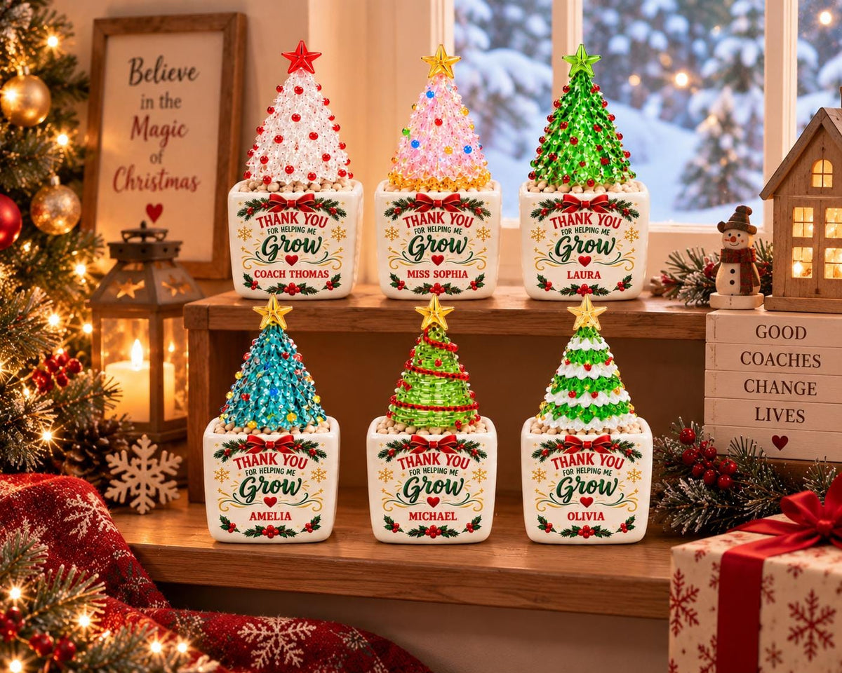 May include: Six white ceramic square planters, each topped with a colorful beaded Christmas tree ornament. The planters feature the text "THANK YOU FOR HELPING ME GROW" in green and red, with personalized names printed at the bottom of each unit.