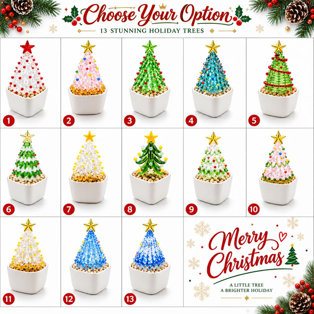 May include: A grid of thirteen miniature holiday trees in white square pots, each topped with a gold or red star. The trees are crafted from colorful beads in various patterns and colors, labeled one through thirteen with text Choose Your Option.