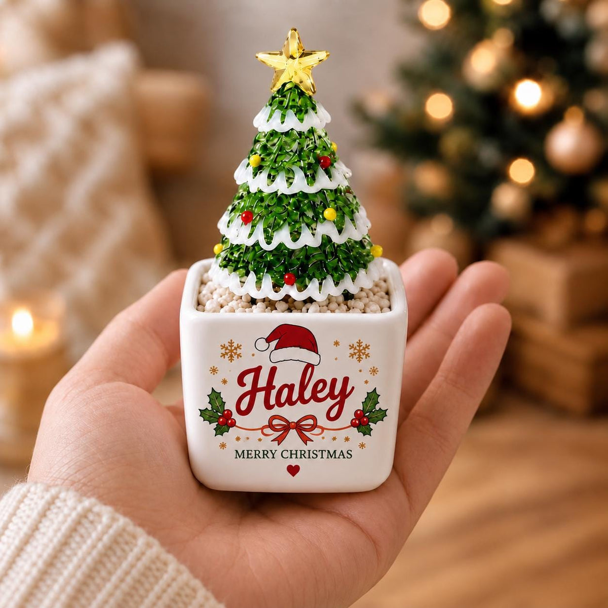 May include: A small decorative Christmas tree with green foliage, white snow-like trim, and colorful ornaments, topped with a gold star. The tree sits in a white square ceramic pot printed with the name Haley, a Santa hat, and holly.