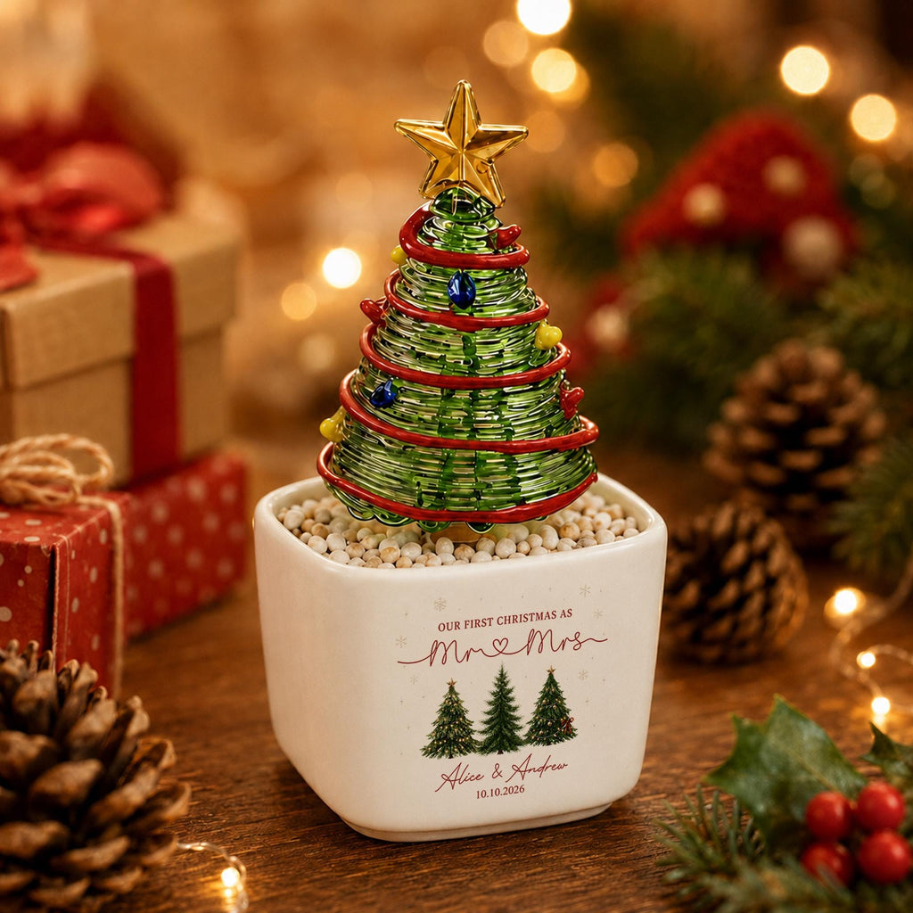 May include: A decorative tabletop Christmas tree made of green wire coils with red garland, small blue and yellow ornaments, and a gold star topper. It sits in a white square ceramic planter with the text Our First Christmas as Mr & Mrs.