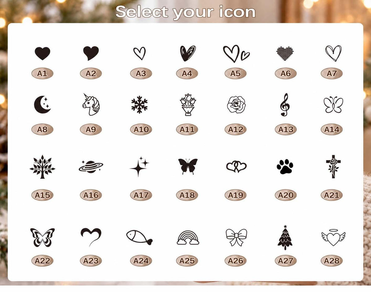 May include: A grid of twenty-eight black icons labeled A1 through A28 under the heading Select your icon. The icons include various hearts, a crescent moon, unicorn, snowflake, flowers, butterfly, tree, planet, star, paw print, cross, fish, rainbow, bow, and tree.