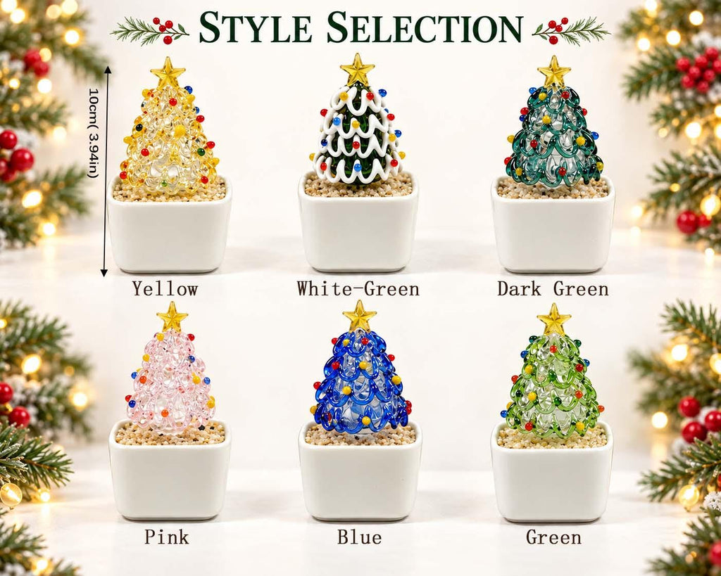 May include: Six miniature glass Christmas trees in white square pots, each topped with a yellow star and decorated with colorful beads. The trees are yellow, white-green, dark green, pink, blue, and green. A measurement shows a height of 3.94 inches.