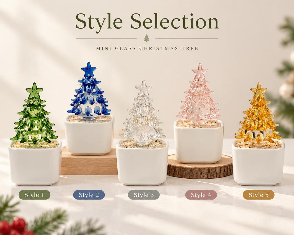 May include: Five mini glass Christmas trees in white square pots with sand, labeled Style 1 through 5. The trees are green, blue, clear, pink, and yellow, each topped with a star. Text reads Style Selection and MINI GLASS CHRISTMAS TREE.