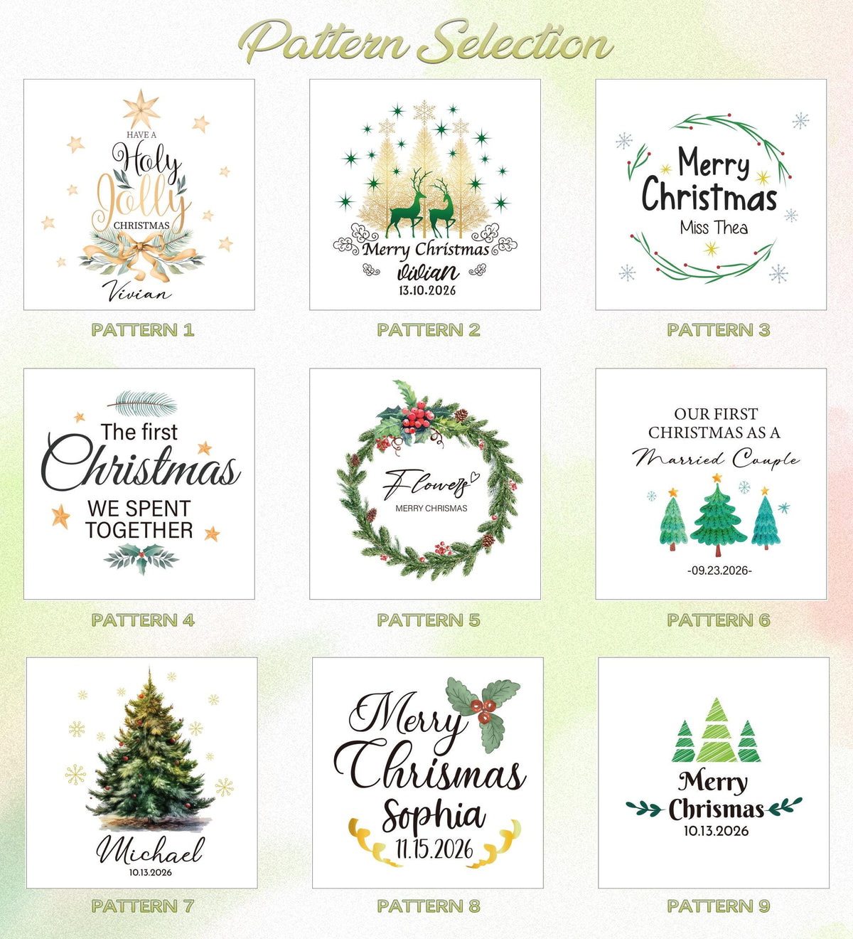 May include: A grid of nine square Christmas-themed graphic designs labeled Pattern 1 through 9. Each design features festive illustrations like pine trees, wreaths, holly, and stars, combined with personalized text such as names and dates.