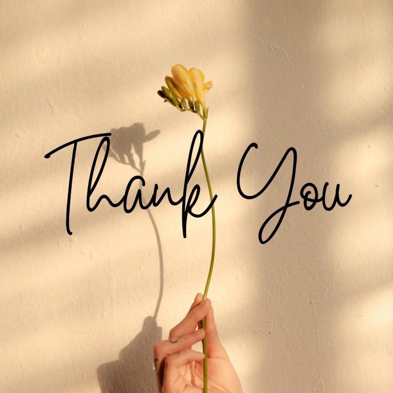 May include: A single yellow freesia flower on a long green stem with the text Thank You written in black cursive script. The flower and stem are positioned vertically against a light beige surface with soft shadows cast by the plant.