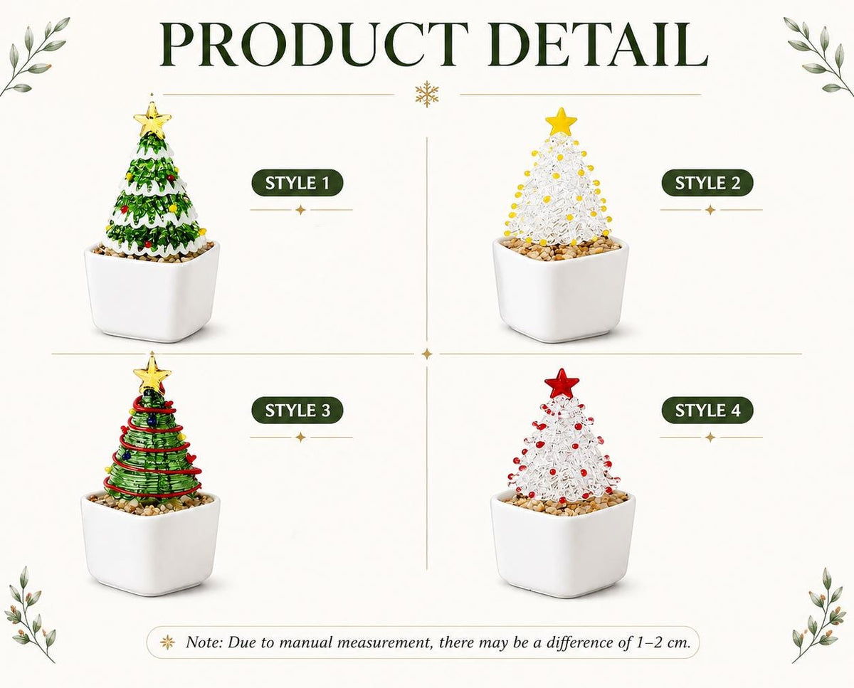 May include: Four miniature Christmas tree ornaments in white square pots with gravel. Style 1 is green with white garland and a gold star. Style 2 is white with yellow accents and a yellow star. Style 3 is green with red garland and a gold star. Style 4 is white with red accents and a red star. Text reads: PRODUCT DETAIL, STYLE 1, STYLE 2, STYLE 3, STYLE 4, and Note: Due to manual measurement, there may be a difference of 1-2 cm.