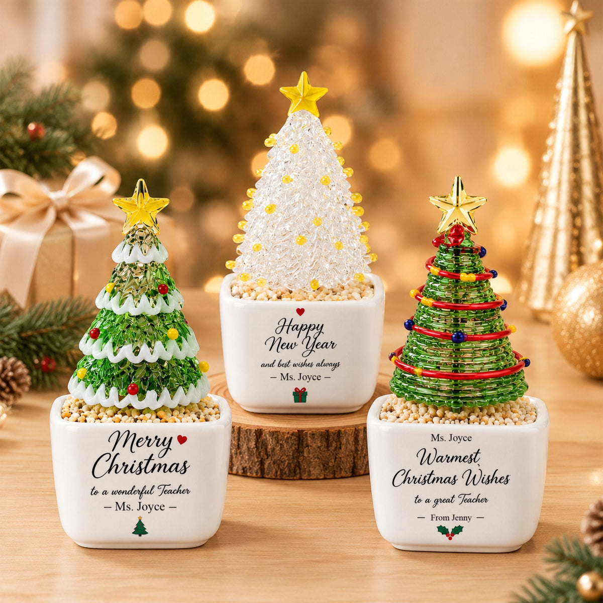 May include: Three decorative tabletop Christmas trees in white square ceramic pots. The left tree is green with white trim, the center is clear crystal, and the right is green wire. Each features a gold star topper and personalized text.