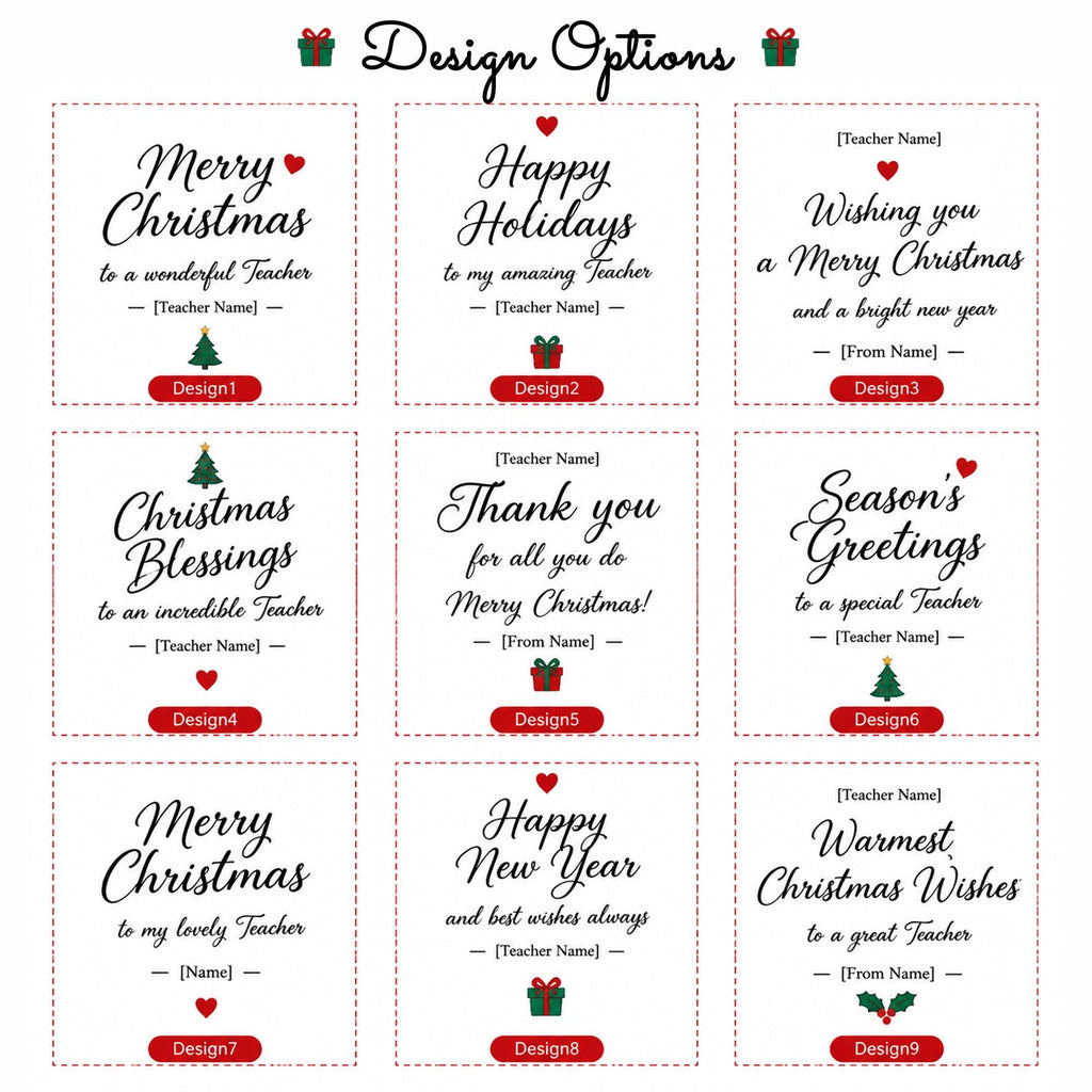 May include: A grid of nine square labels featuring Christmas-themed text and icons. Each label includes phrases like Merry Christmas, Happy Holidays, and Season's Greetings, with placeholders for names, decorated with red hearts, green trees, and gift boxes.