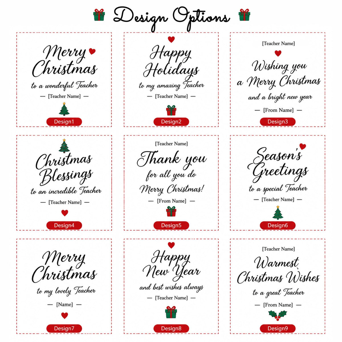 May include: A grid of nine square labels featuring Christmas-themed text and icons. Each label includes phrases like Merry Christmas, Happy Holidays, and Season's Greetings, with placeholders for names, decorated with red hearts, green trees, and gift boxes.