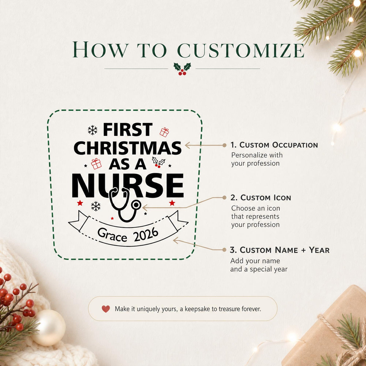 Personalized Glass Christmas Tree Pot, Custom Name Profession Christmas Gift, First Christmas As A Nurse Keepsake, New Job Celebration Gift