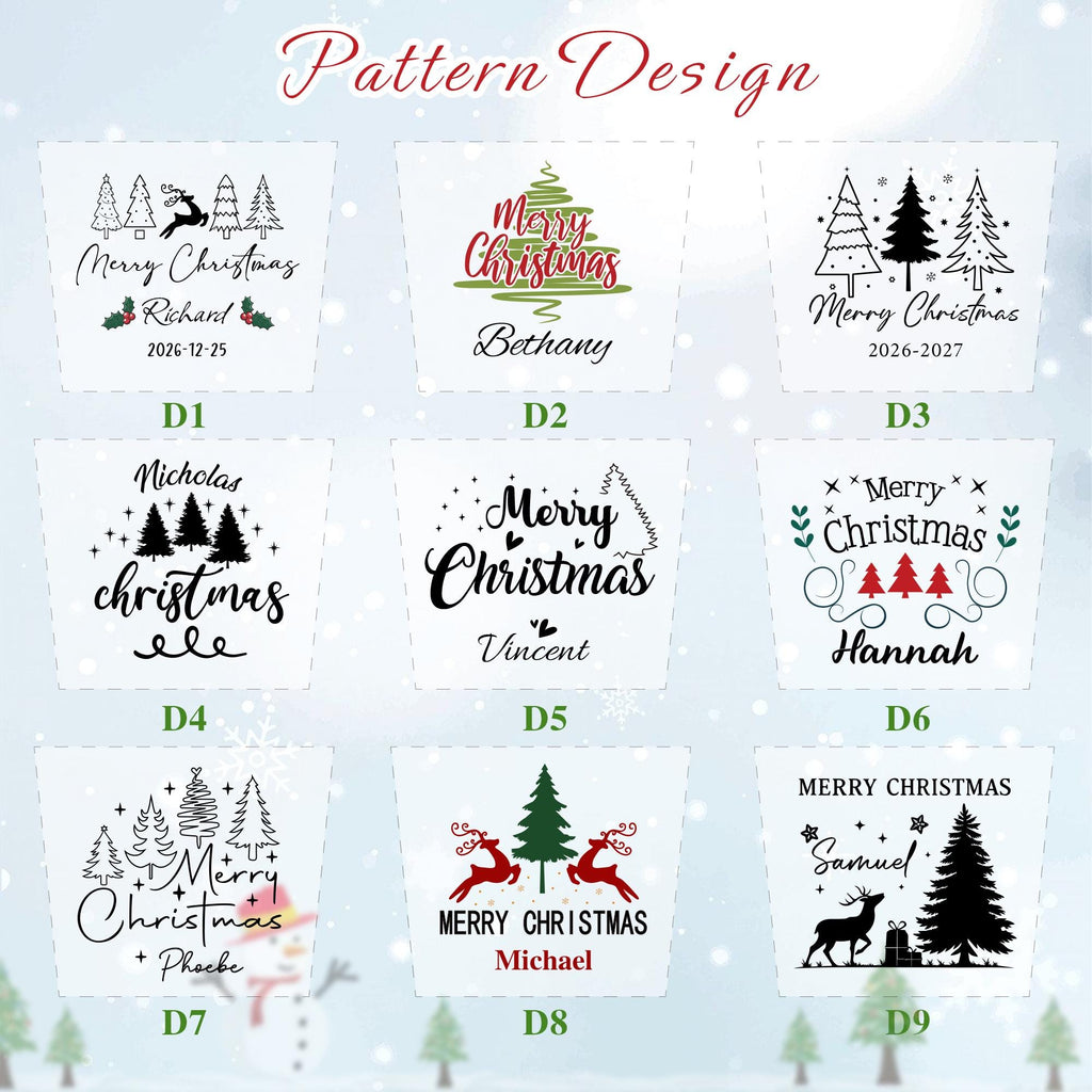 May include: A collection of nine white square labels labeled D1 through D9, each featuring black, red, and green Christmas-themed graphics including pine trees, reindeer, and stars, with various Merry Christmas text and personalized names.