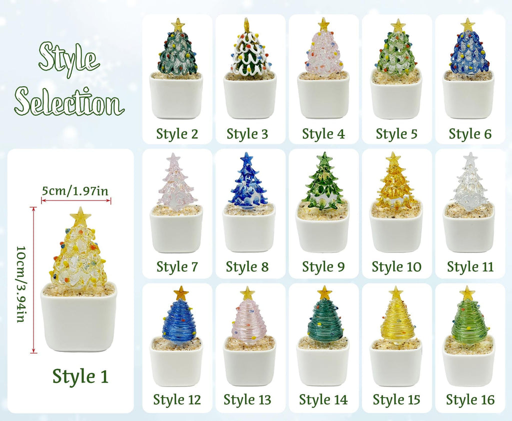 May include: A collection of sixteen miniature glass Christmas tree figurines in white square pots with sand, each topped with a gold star. Style 1 is labeled with dimensions of 5cm/1.97in wide and 10cm/3.94in tall. The trees feature various colors including green, blue, pink, yellow, and clear glass.