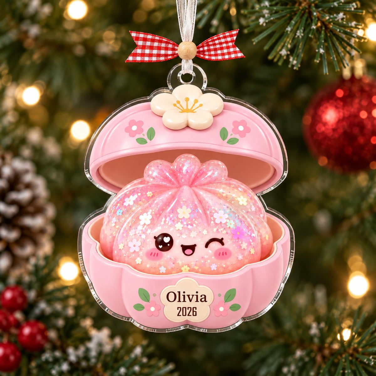 May include: A pink, clam-shaped ornament featuring a glittery, winking dumpling character inside. The exterior is decorated with small flowers and the name Olivia with the year 2026 printed on the front. A red and white gingham bow hangs from the top.