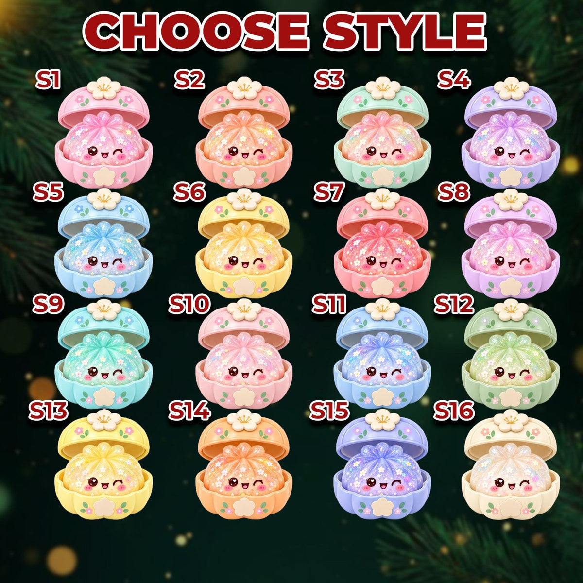 May include: A grid of sixteen small, round, lidded containers, each shaped like a flower with a smiling character inside. The containers are labeled S1 through S16, featuring various pastel colors and floral accents. The text CHOOSE STYLE is at the top.