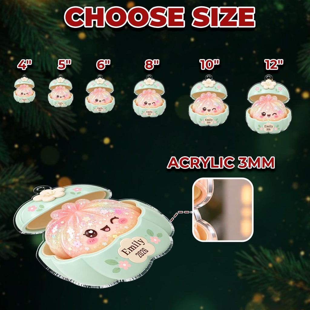 May include: A series of six acrylic ornaments in sizes 4, 5, 6, 8, 10, and 12 inches, featuring a light green clam-shaped case with a pink, glittery, smiling character inside. The text reads CHOOSE SIZE, ACRYLIC 3MM, Emily, and 2026.