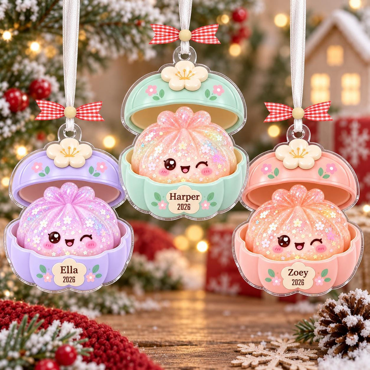 May include: Three hanging Christmas ornaments shaped like open clamshells with pastel purple, mint green, and peach bases. Each contains a glittery, smiling dumpling character with floral accents. The names Ella, Harper, and Zoey are printed with 2026.