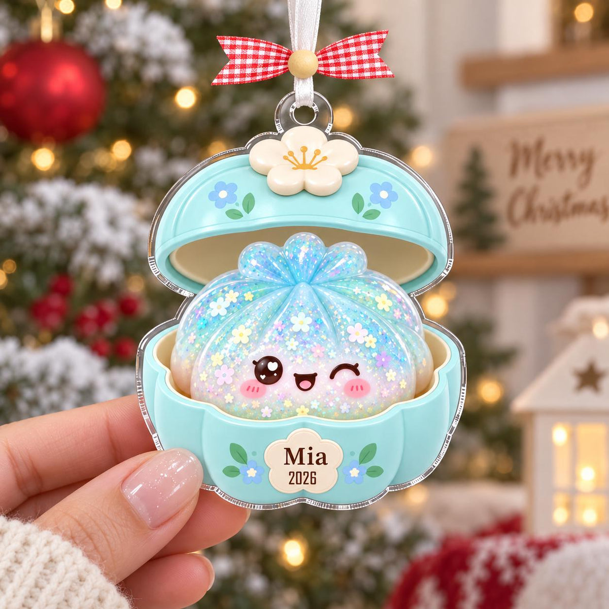 May include: A light blue, clam-shaped hanging ornament featuring a glittery, iridescent dumpling character with a winking face. The ornament is topped with a white flower and a red-and-white checkered ribbon. The text Mia 2026 is printed on the front.