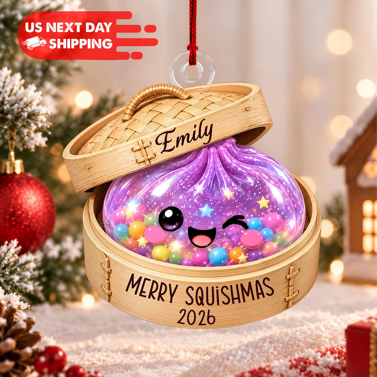 Personalized Glitter Dumpling Ornament, Bamboo Steamer, 2026 Xmas Keepsake, Custom Name Squishy Style Christmas Ornament,Kids Christmas Gift