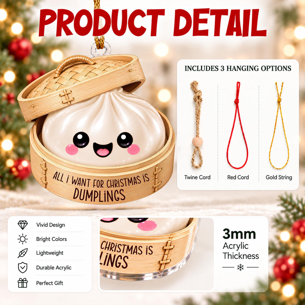 The image is a product detail for a 3mm acrylic or plastic ornament with a smiling dumpling design. It includes a hanging option, a twine cord, a red cord, a gold string, and a 3mm acrylic or plastic material. The ornament is described as a "vivid design", "bright colors", "lightweight", "durable acrylic", and "perfect gift".