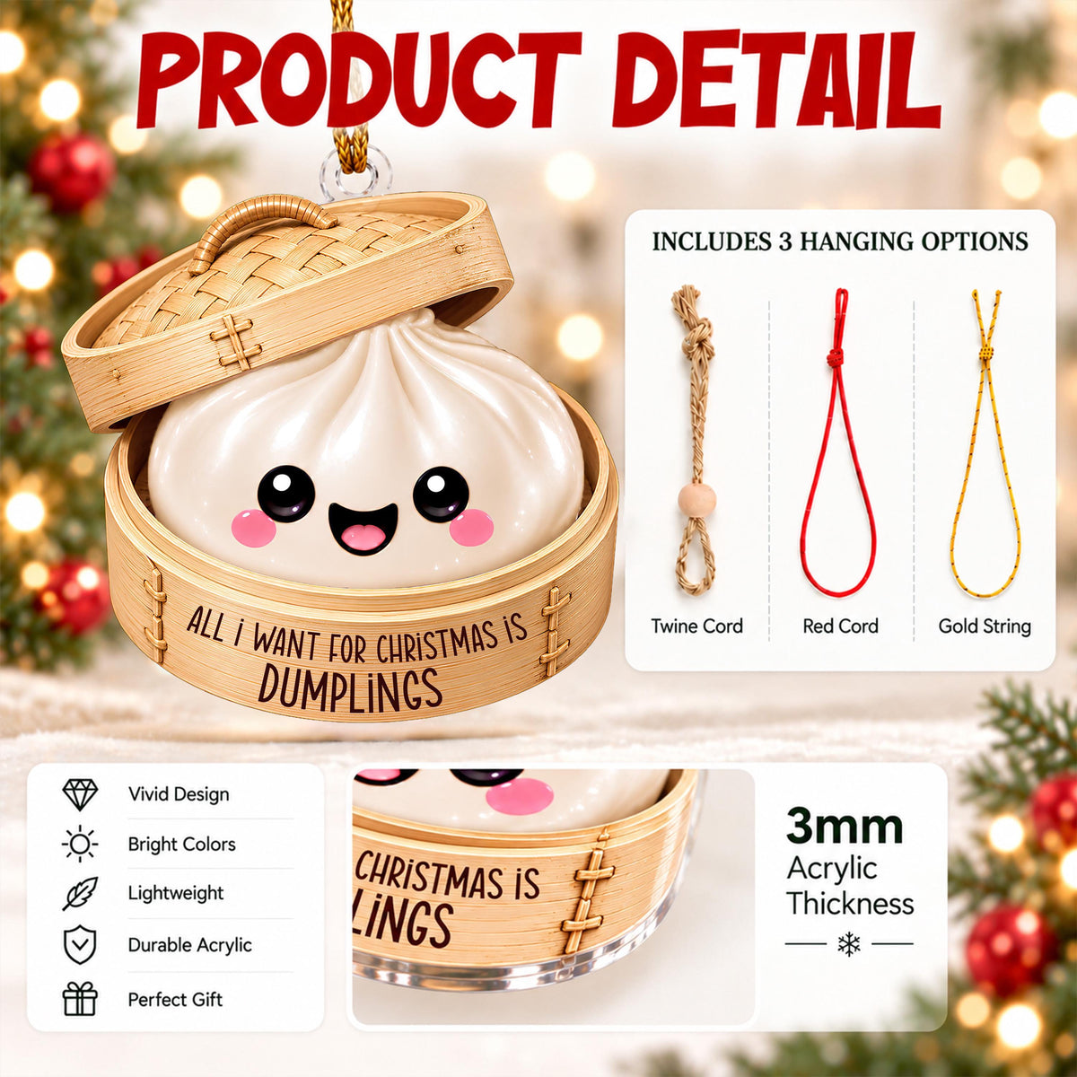The image is a product detail for a 3mm acrylic or plastic ornament with a smiling dumpling design. It includes a hanging option, a twine cord, a red cord, a gold string, and a 3mm acrylic or plastic material. The ornament is described as a "vivid design", "bright colors", "lightweight", "durable acrylic", and "perfect gift".