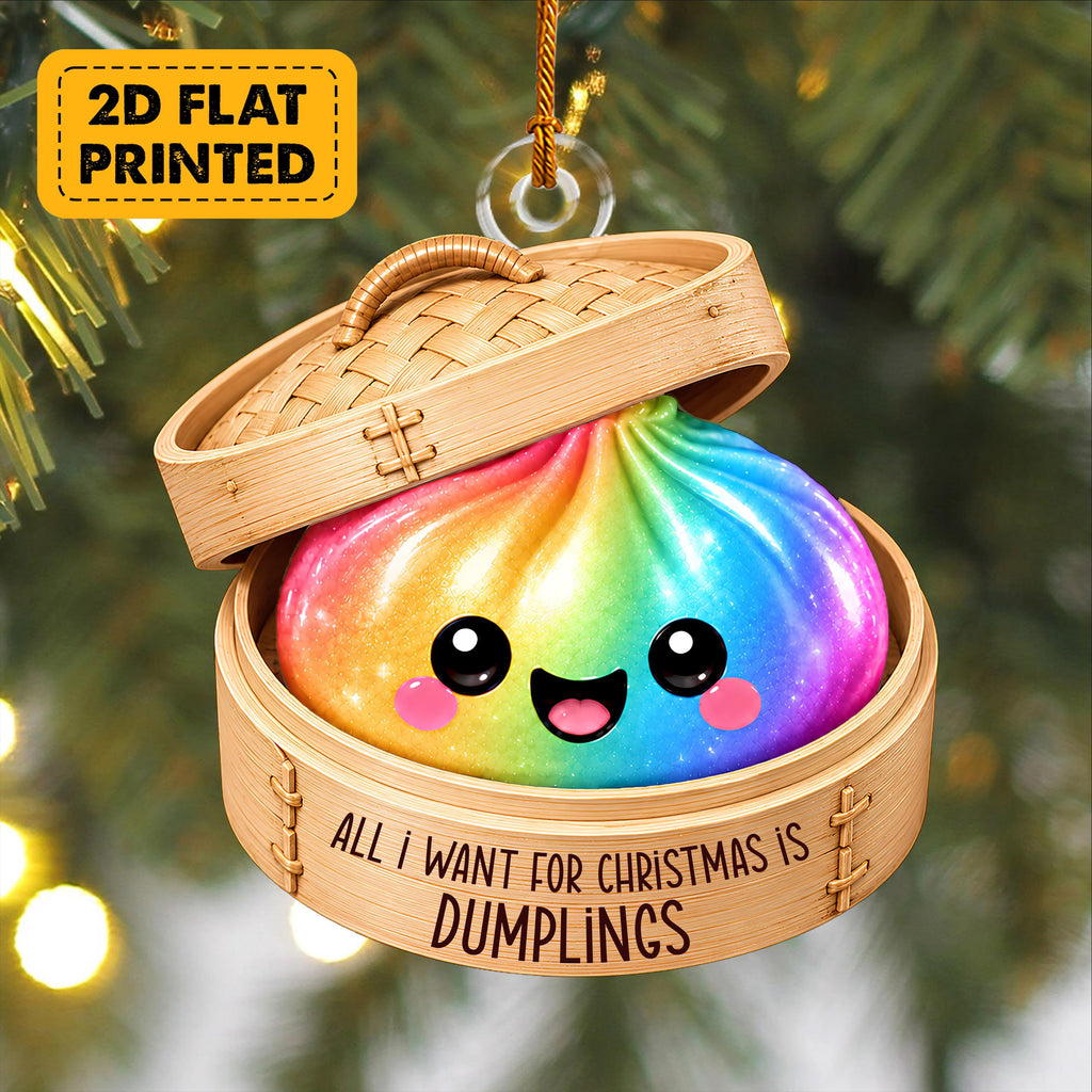 A colorful, smiling dumpling ornament hanging from a tree branch, with the text "All I want for Christmas is Dumplings" printed on it.