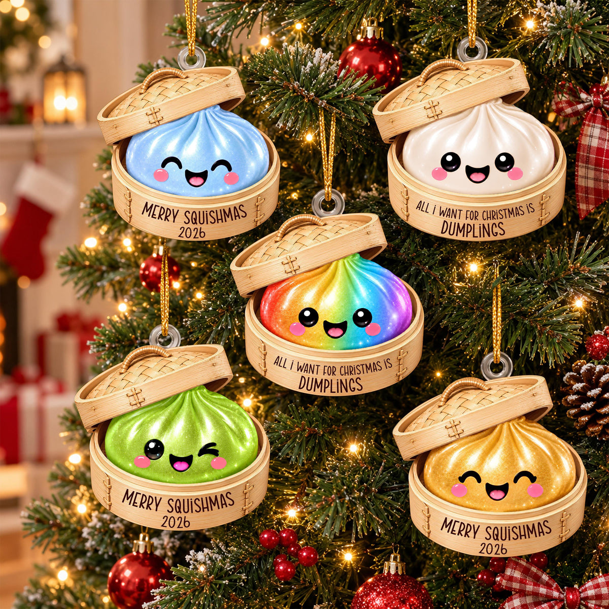 A collection of six Christmas ornaments shaped like dumplings hanging on a decorated Christmas tree.